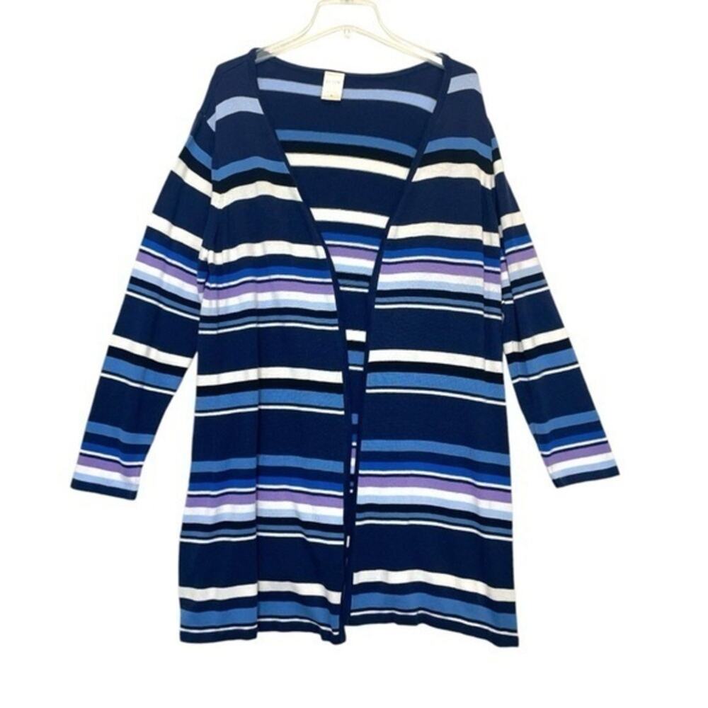 Blair XL Open Front Striped Cardigan Blue Purple White Long Duster Sweater